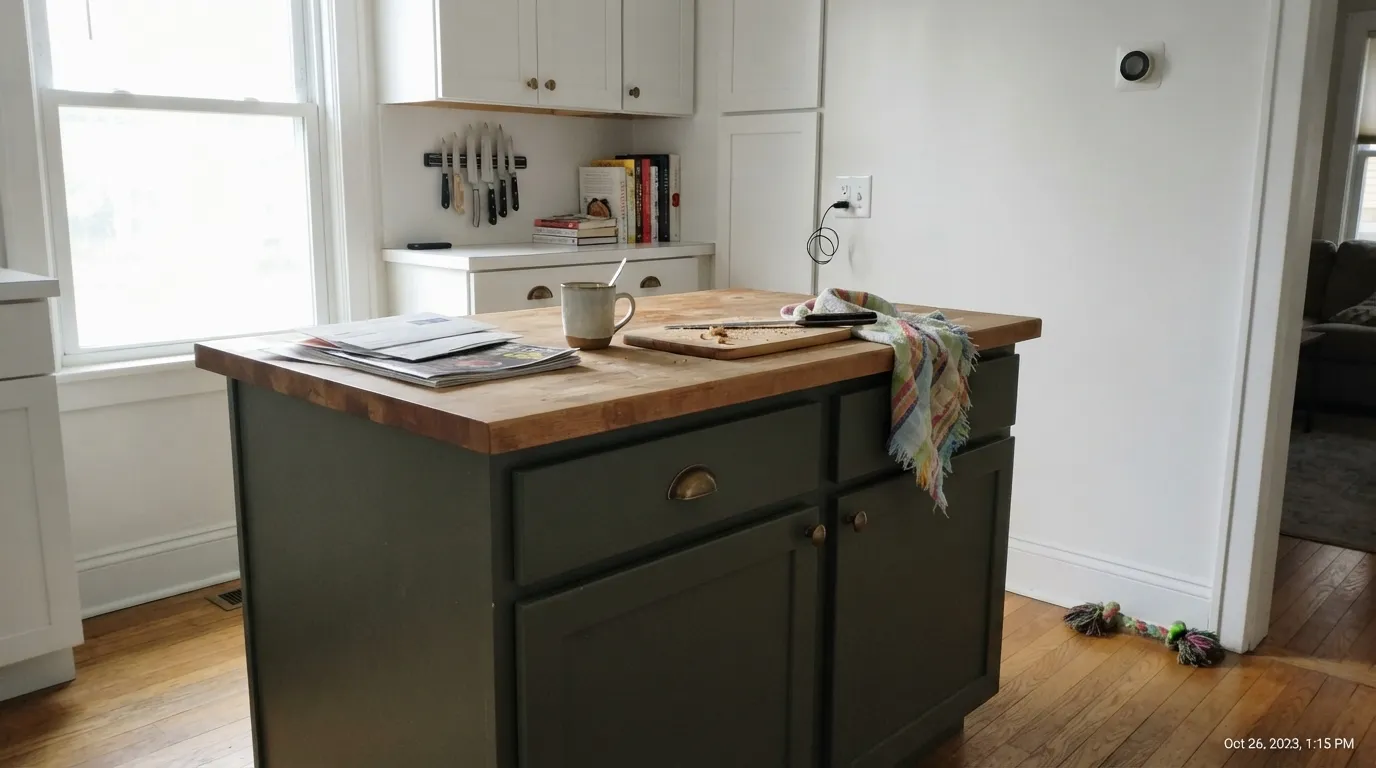 Backwoods on a kitchen island in real daylight — brass and butcher block bring out the warm olive underneath the black.