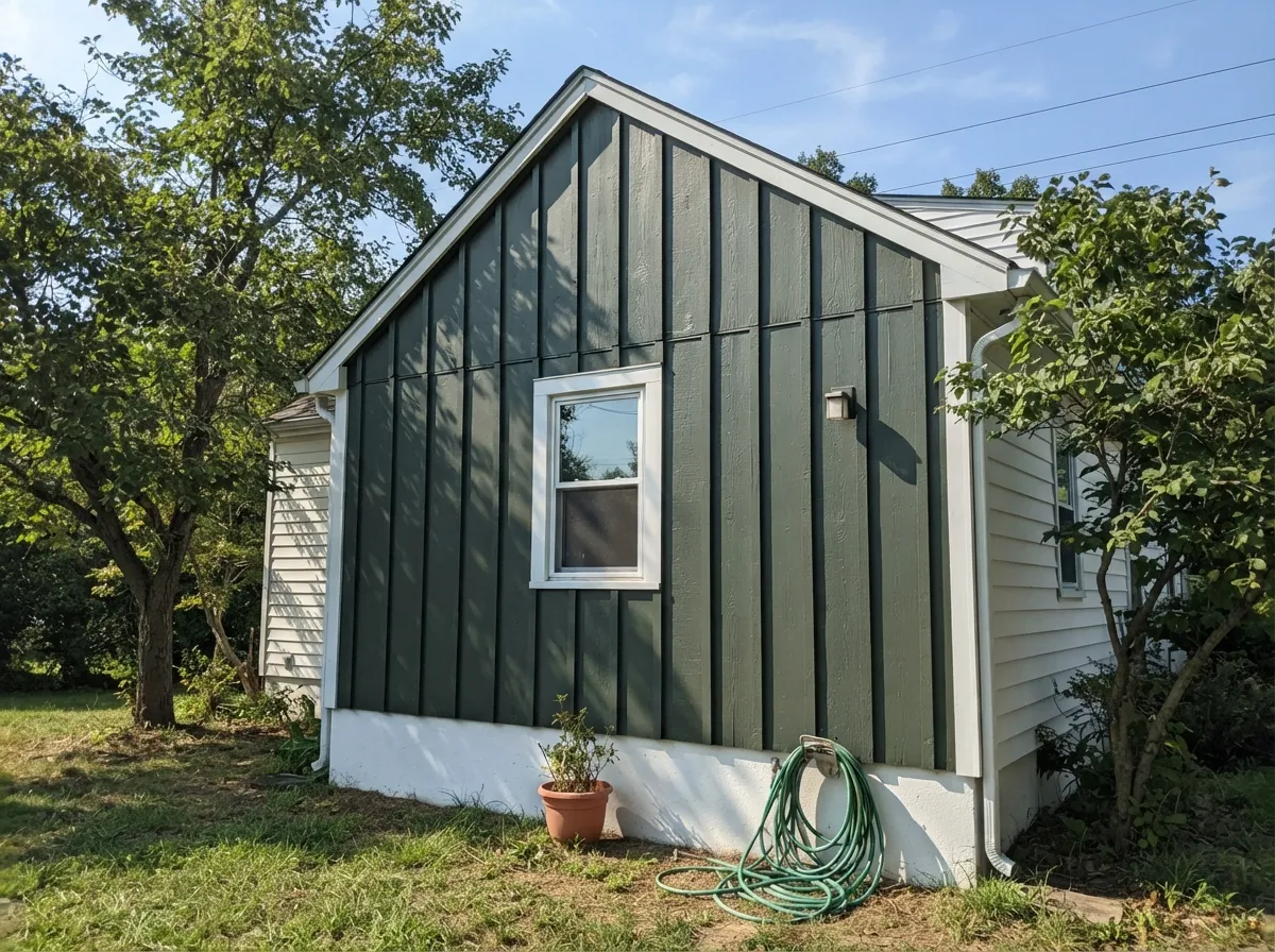 The classic pairing outdoors: Backwoods board-and-batten against a white-sided house, full sun keeping the green clearly green.
