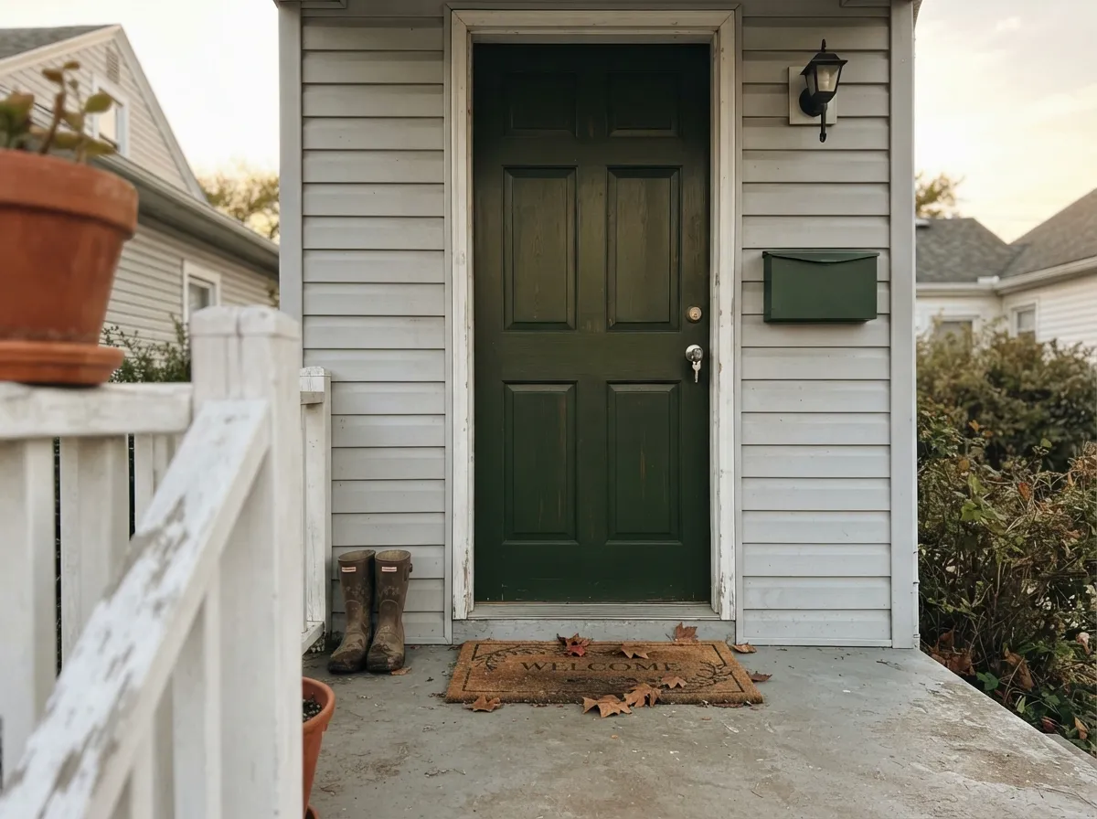 A grounded front-door color against a light house — reads natural, not stark, in daylight.