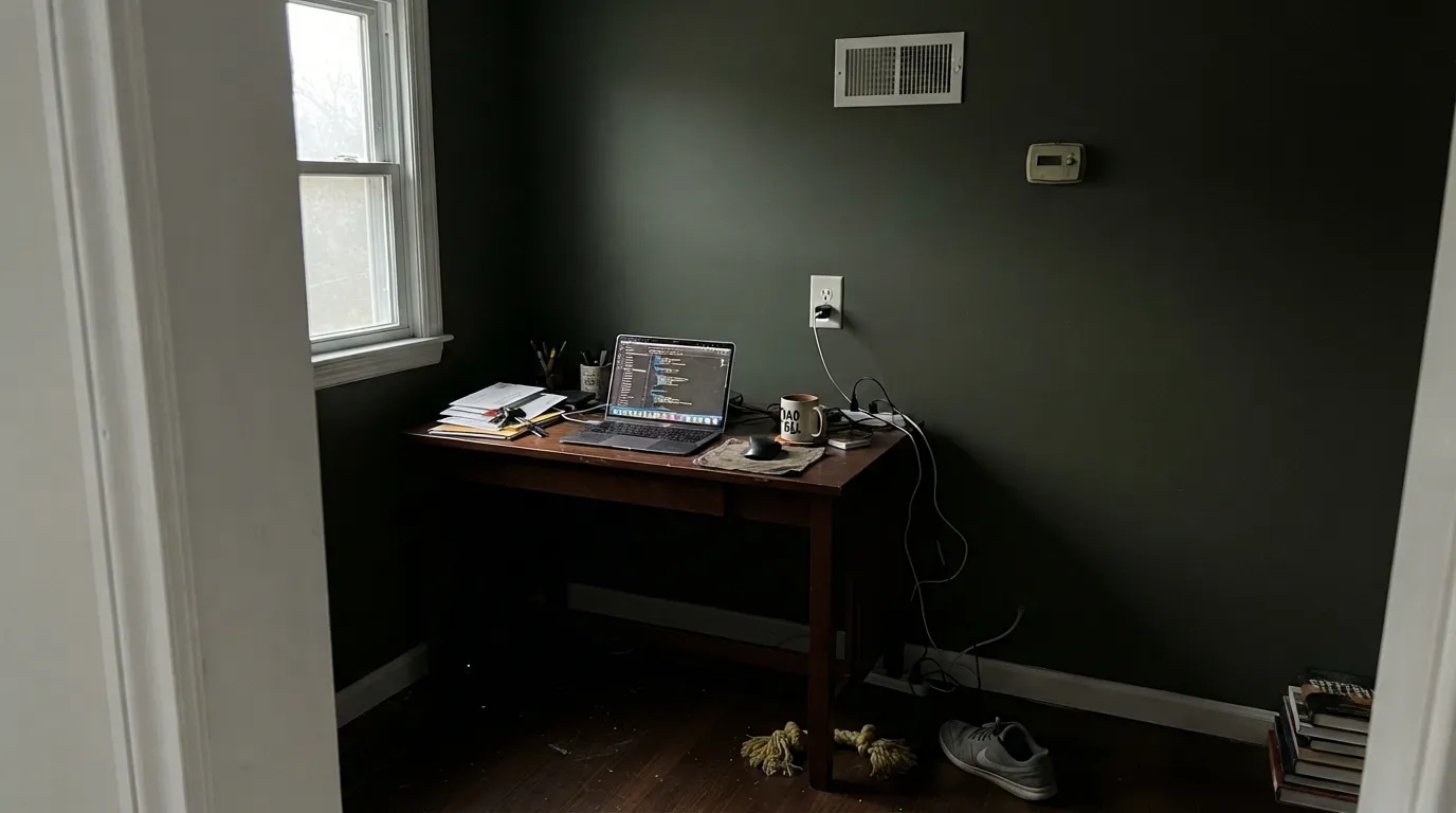 The honest shot: a dim north-facing room with no lamps on, and Backwoods drops almost entirely to black — the exact situation behind every "too dark" complaint.