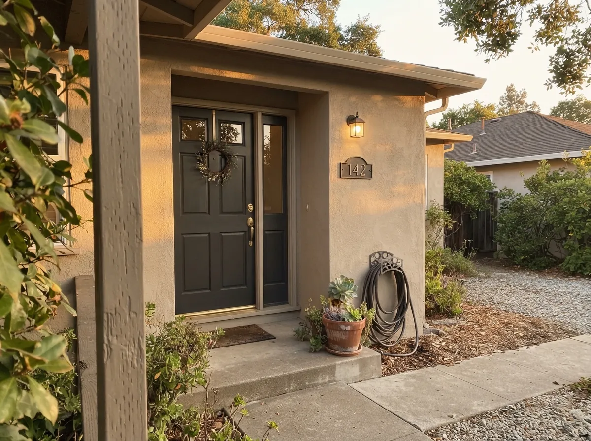 On stucco in real sun it reads sun-baked and substantial — its strongest job, and the one nobody markets it for.