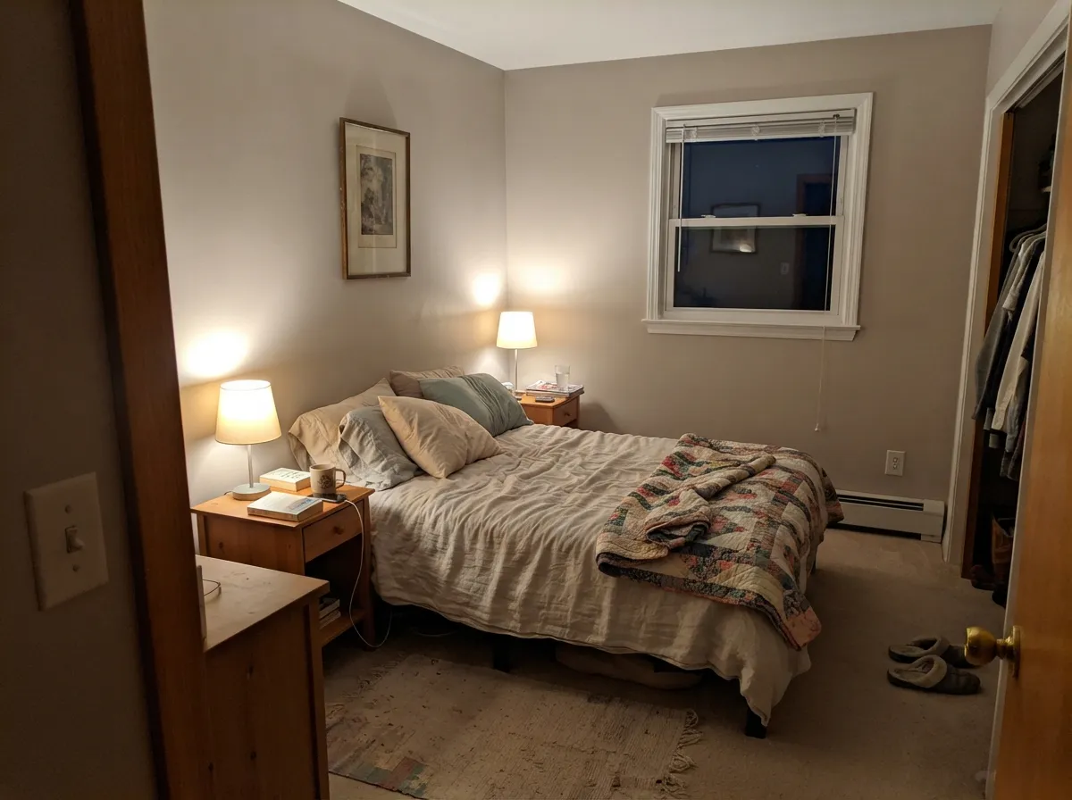Balboa Mist bedroom walls with white trim and warm lamp light at night.