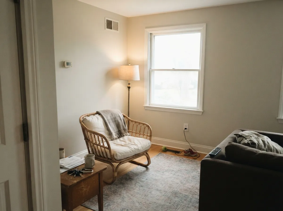 Balboa Mist living room walls in soft daylight with white oak floors and rattan furniture.