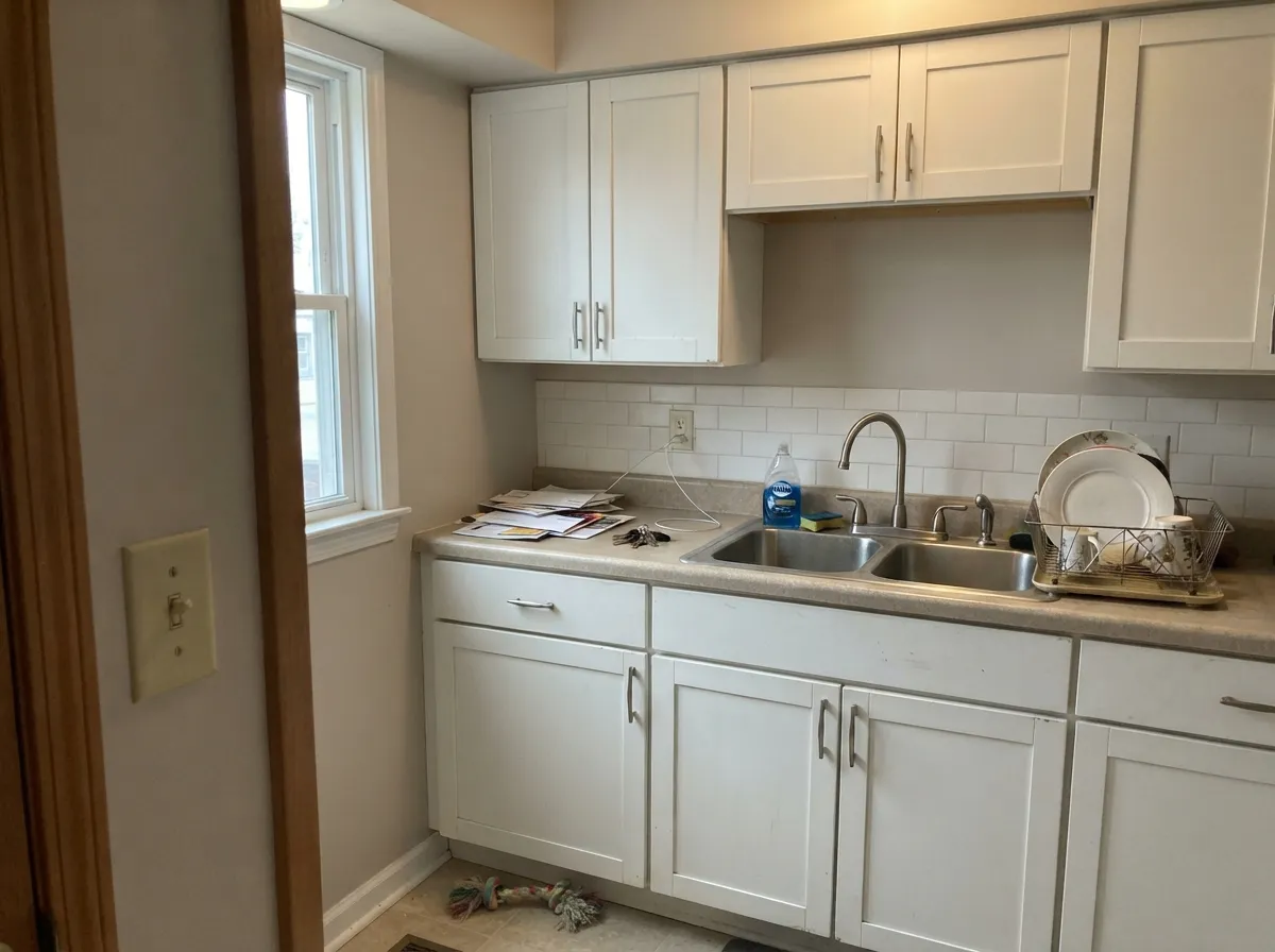 Balboa Mist kitchen walls behind white cabinets.