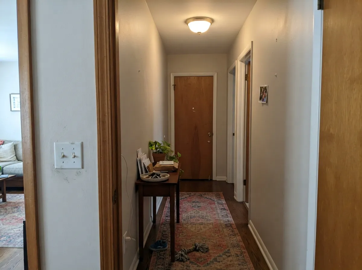 Balboa Mist hallway walls with white doors and casing for contrast.