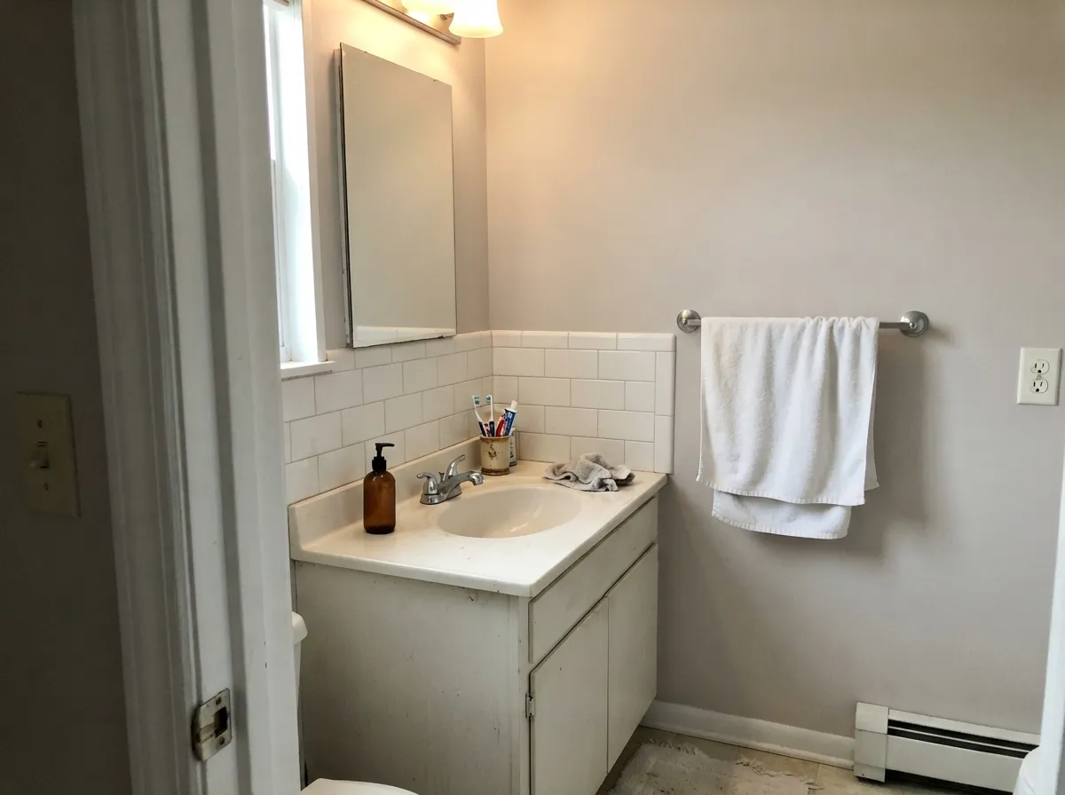 Balboa Mist bathroom walls above white subway tile.