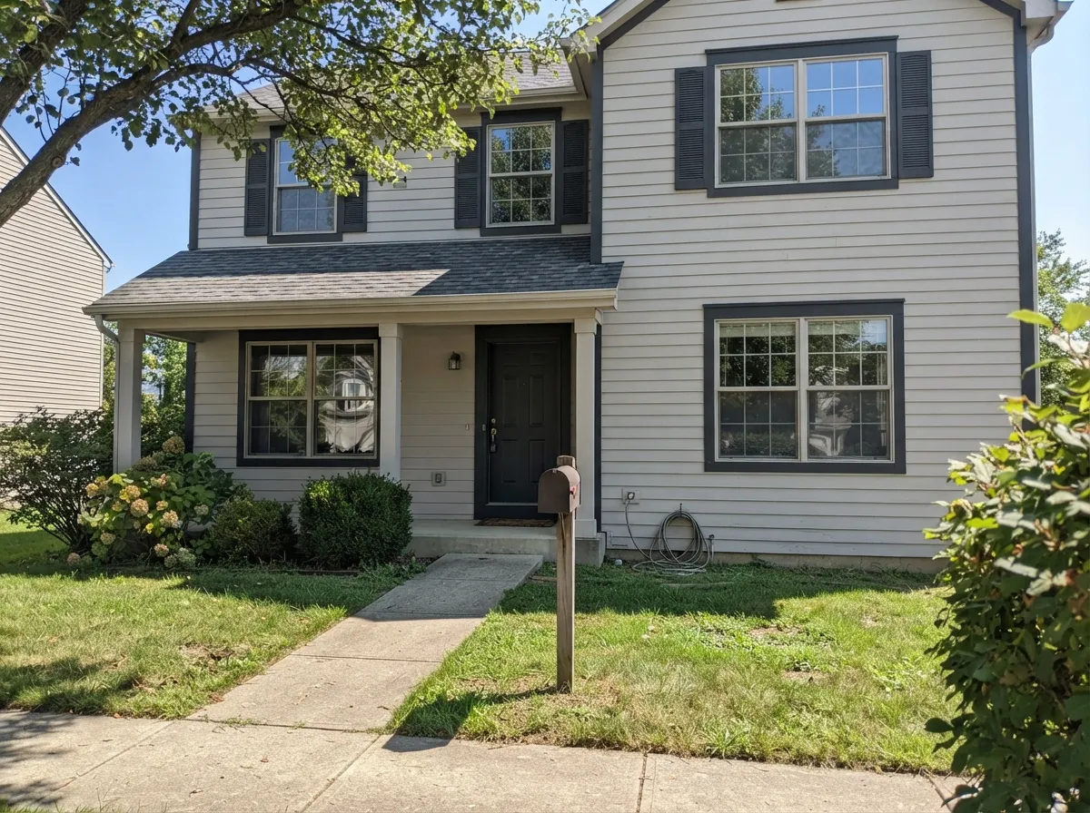 Balboa Mist exterior siding with dark charcoal trim and shutters.