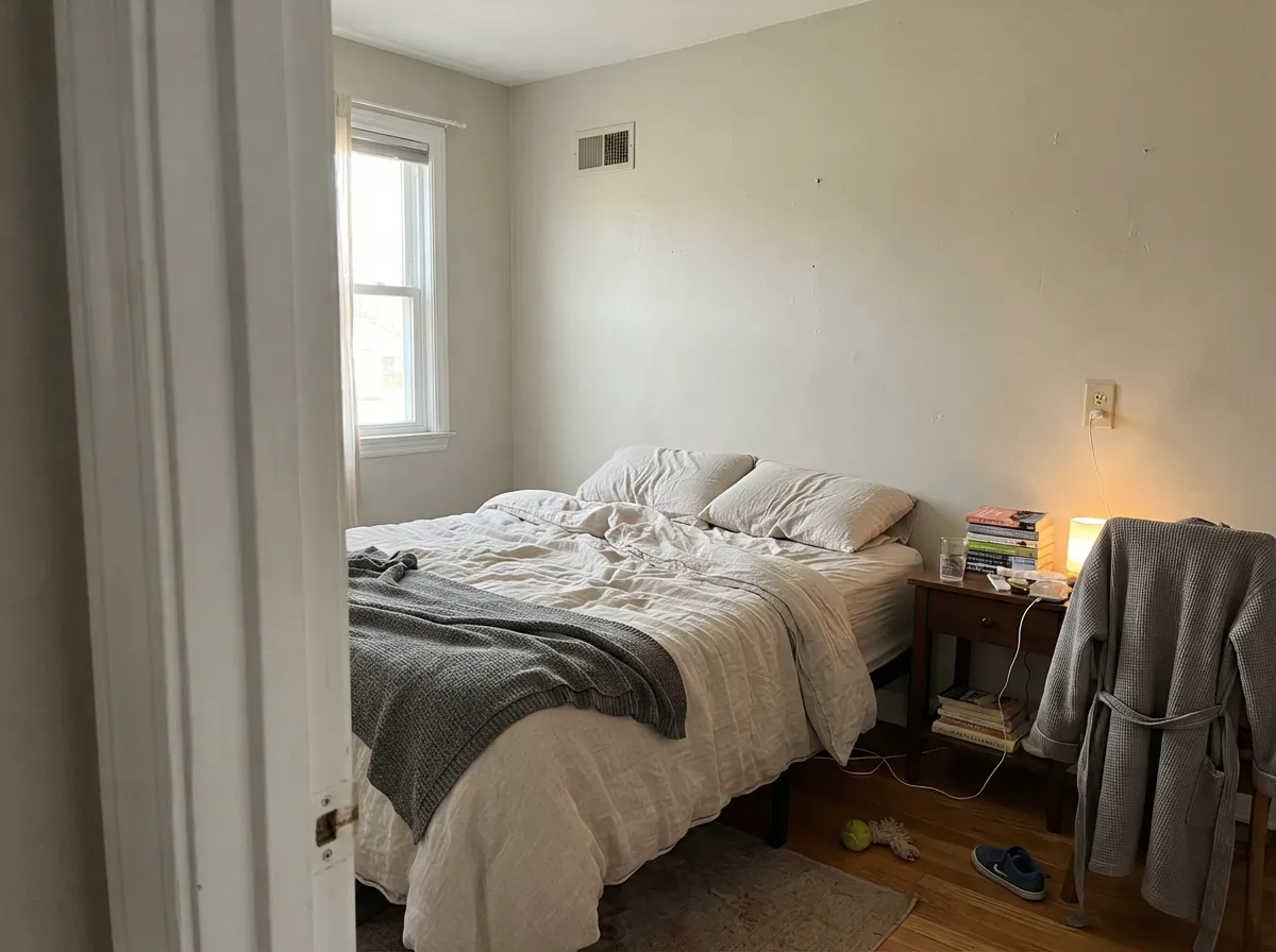 Morning east light keeps it calm and gray — this is the room where the color earns its reputation.
