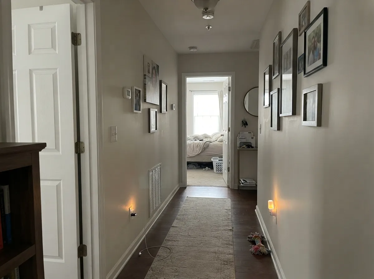 The hallway test: at LRV 72 it lifts a windowless hall without the cold blankness a stark white leaves behind.