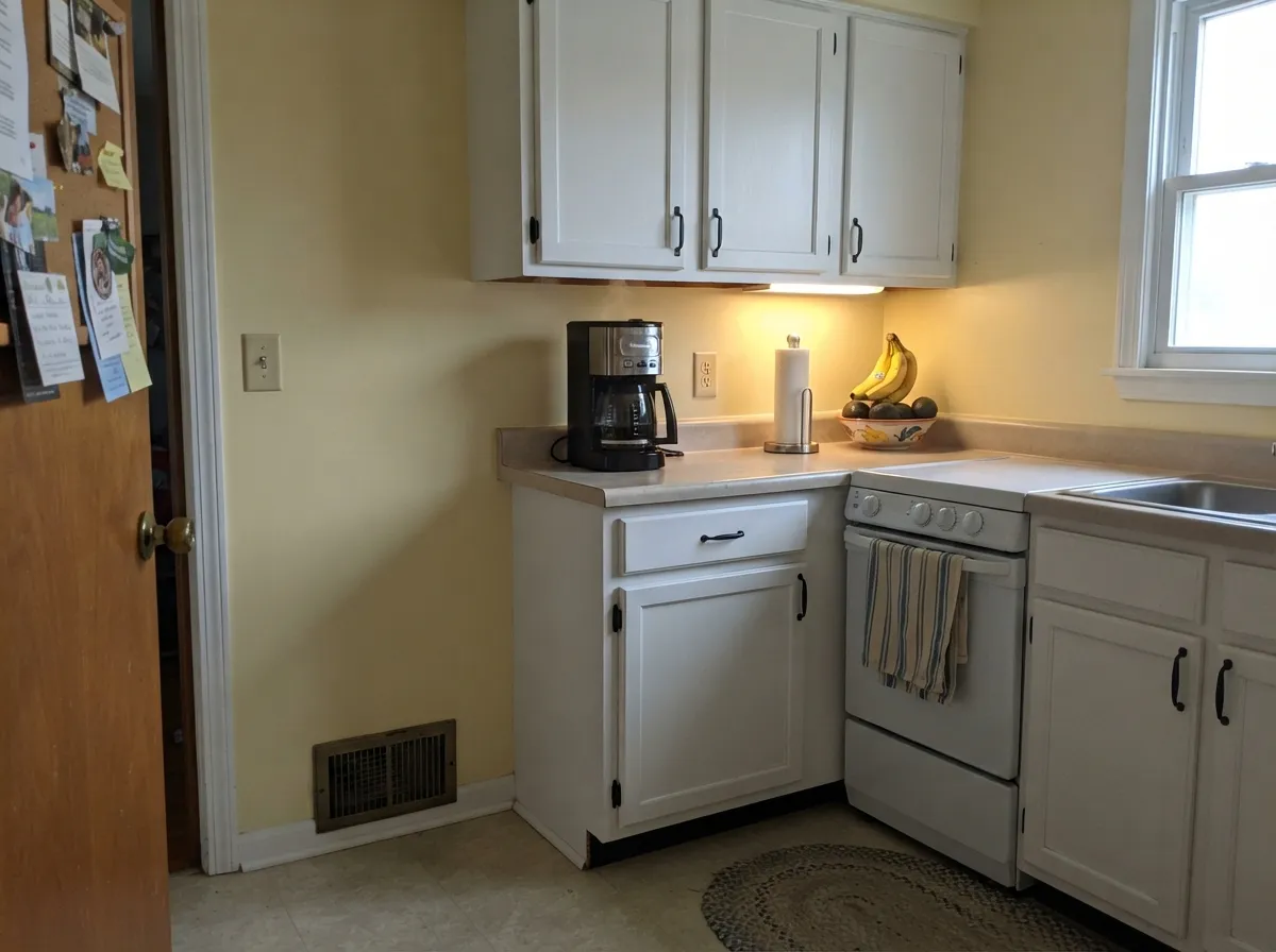 On kitchen walls above white cabinets it glows without competing — the contrast is what keeps the yellow from taking over.