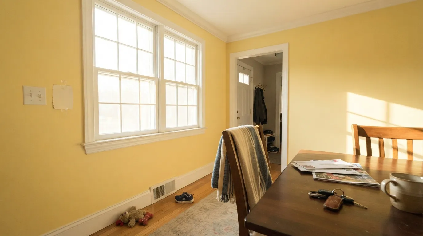 The honest shot: in a big sunlit room the chip and the wall are not the same color — yellow multiplies at scale, and buyers expecting a cream get an unmistakable yellow.