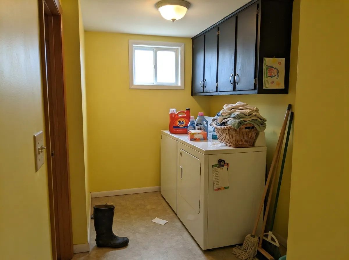 The lowest-risk way to own this color: two gallons in a laundry room, dark cabinets to steady it, done in a weekend.