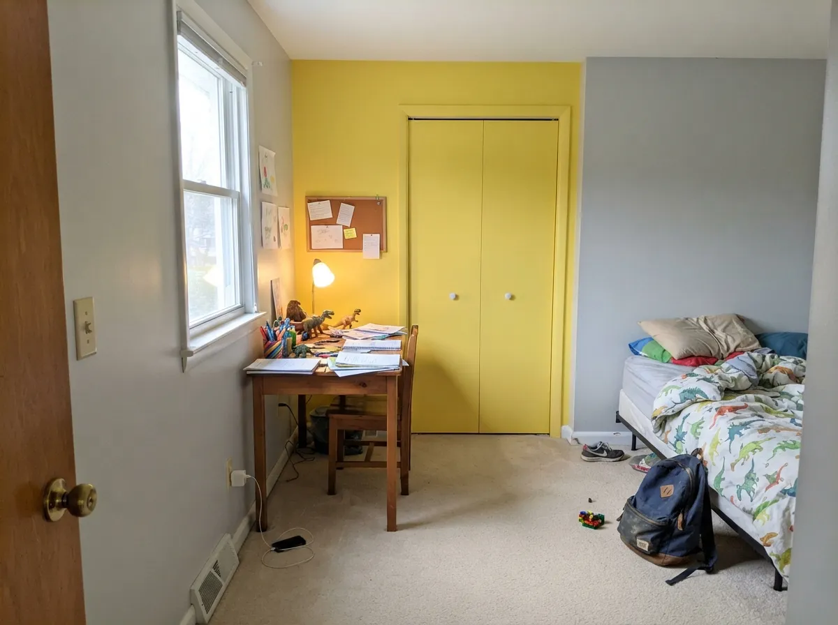 The grown-up version in a kid's room — yellow concentrated on the doors and desk wall, quiet gray behind the bed.