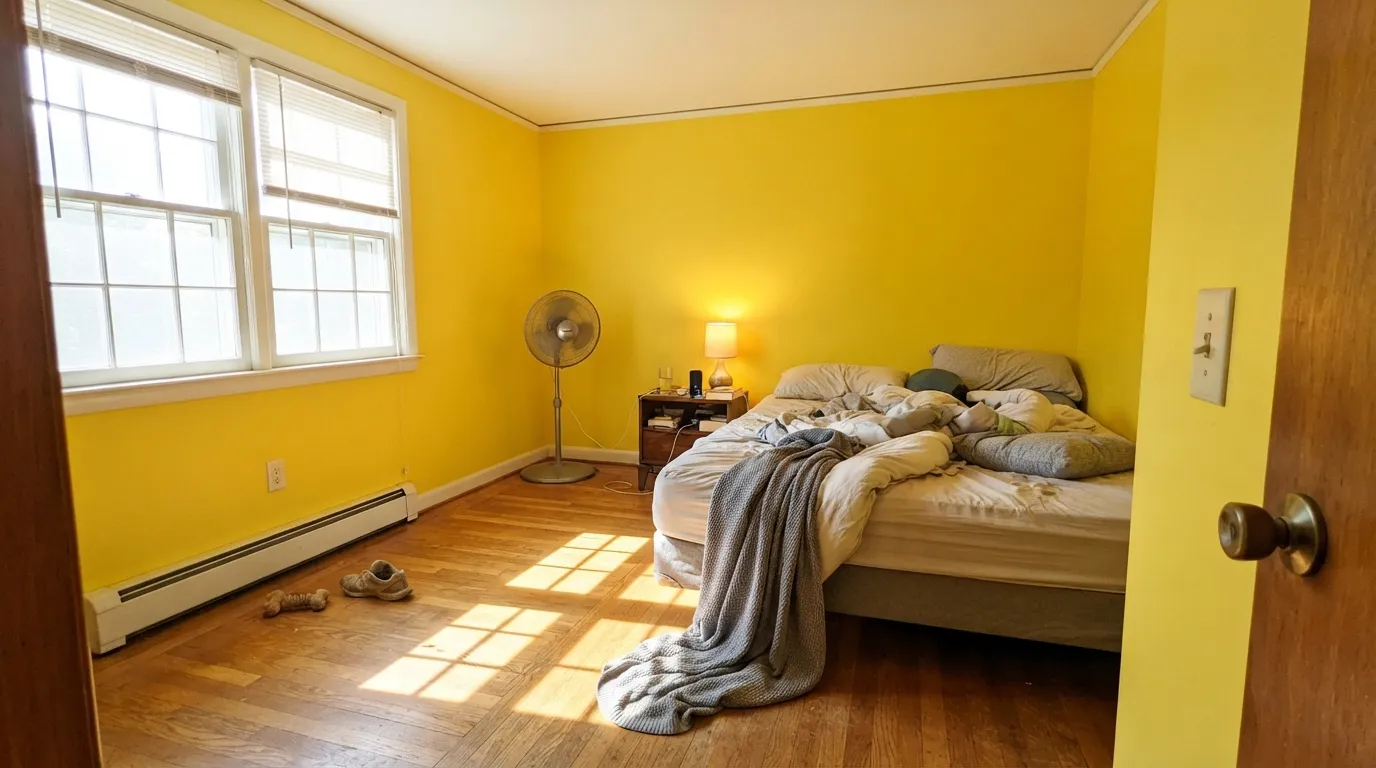 The honest shot: four walls in a bright south room. The lit wall glares, and the yellow bounces onto the ceiling and trim — the complaint behind almost every yellow regret story.