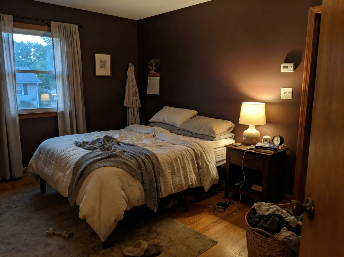 Under warm lamplight the walls go velvety and wine-dark — the cocoon effect that makes Barista one of the deck's coziest bedroom colors.
