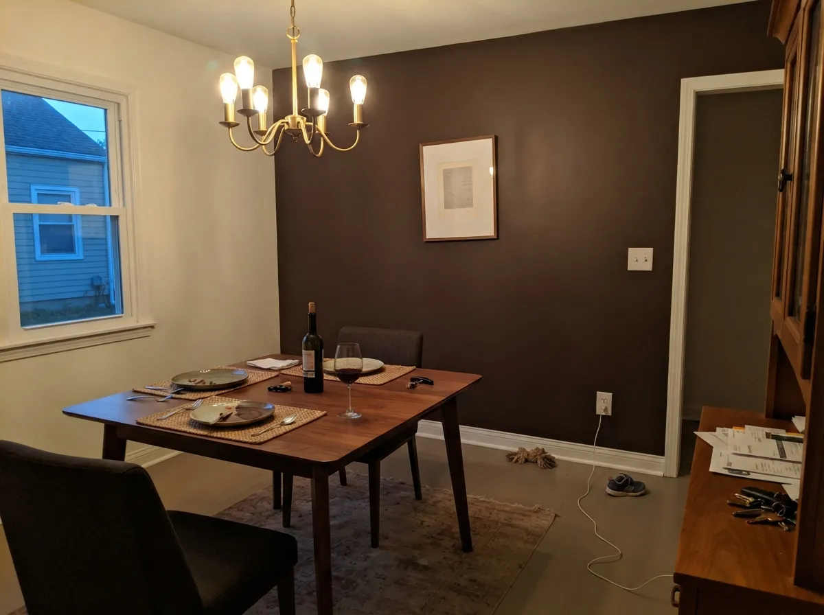 One accent wall under chandelier light is where the wine-dark effect is most convincing — dramatic without repainting the whole room.