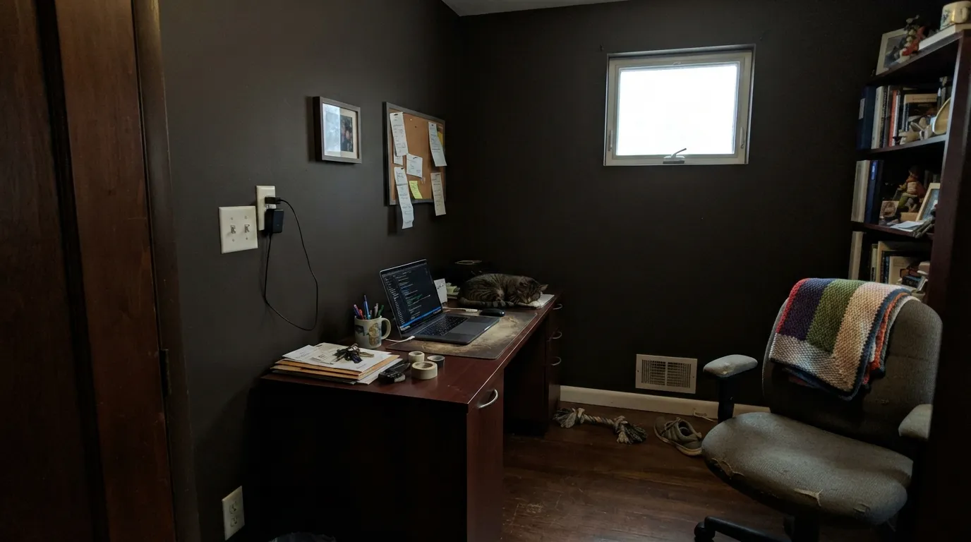 The honest shot: no lamps, no direct light, and Barista collapses into a flat, almost-black brown — the exact situation behind every 'it looked lighter on the chip' complaint.