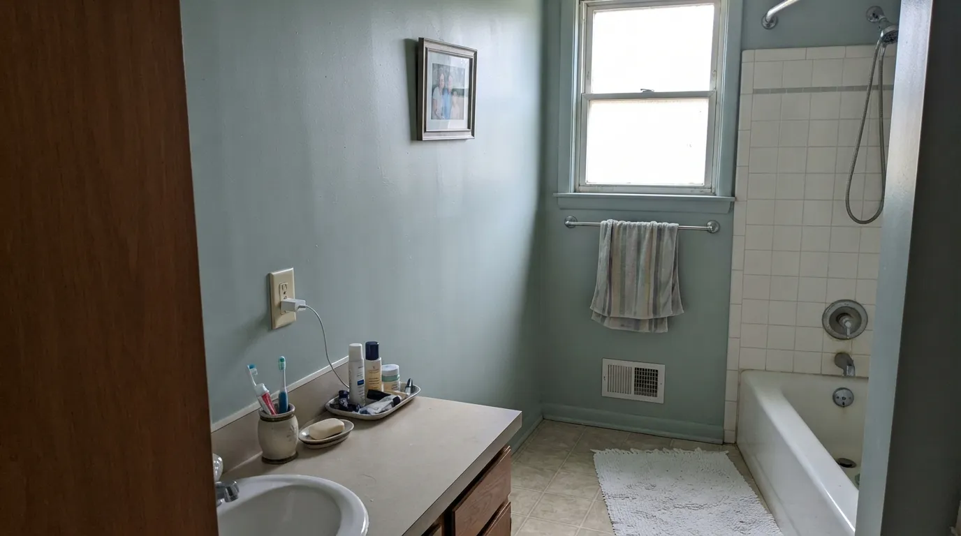 Beach Glass in the room it was made for — real daylight and white tile keep it reading a clear spa blue-green.