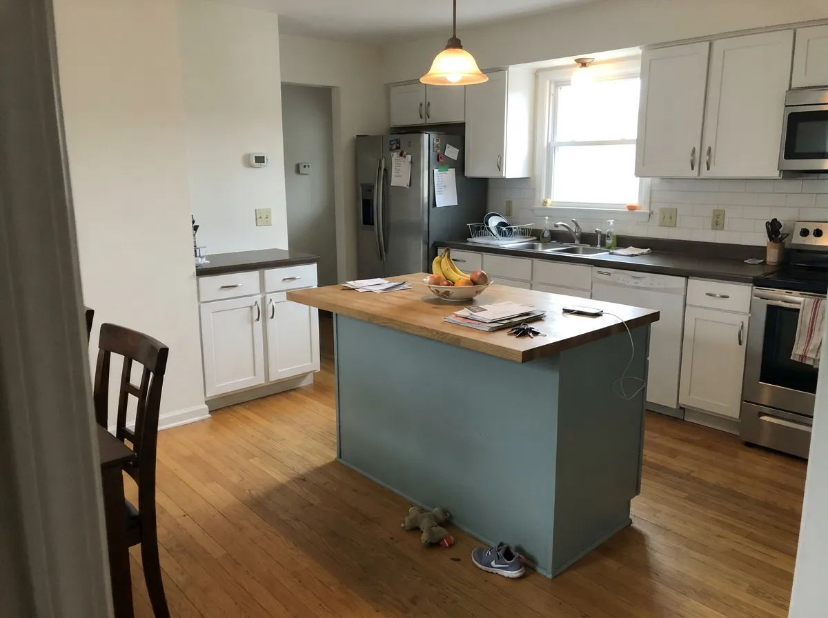 Honey oak floors pull real warmth into the blue-green — the pairing this color is known for.