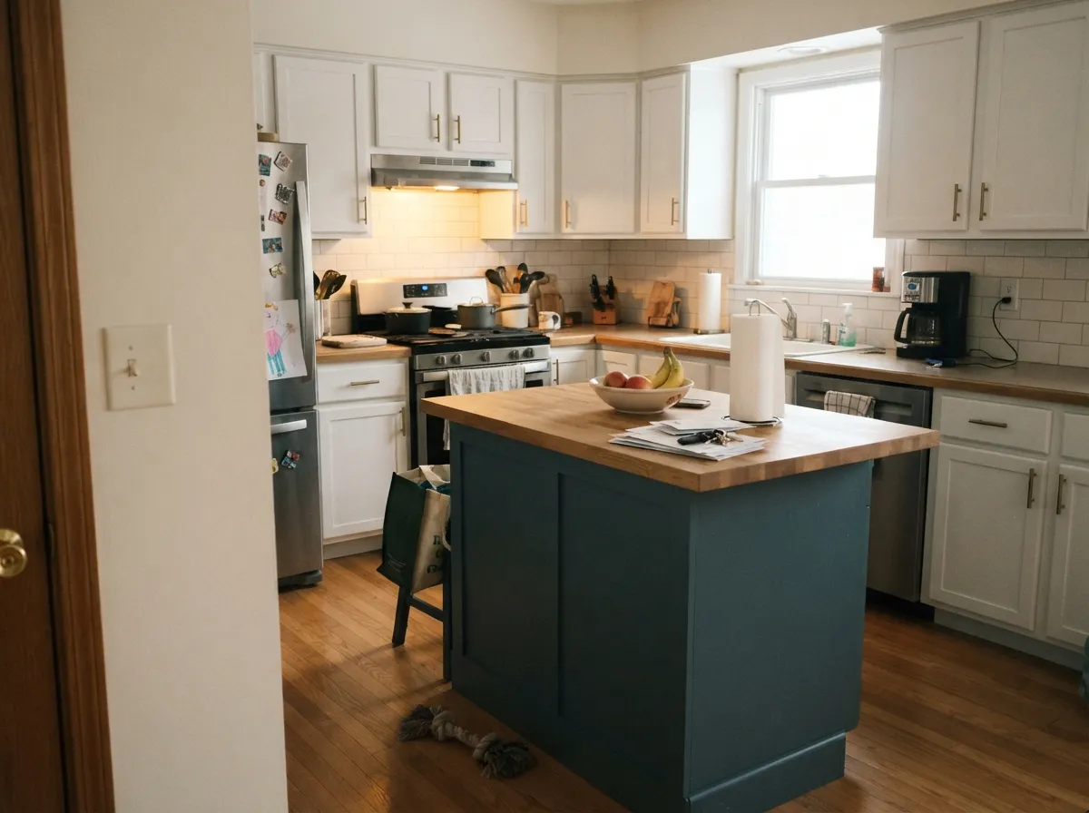 Under crisp white perimeter cabinets the island carries all the color the kitchen needs — brass pulls keep it warm instead of nautical.