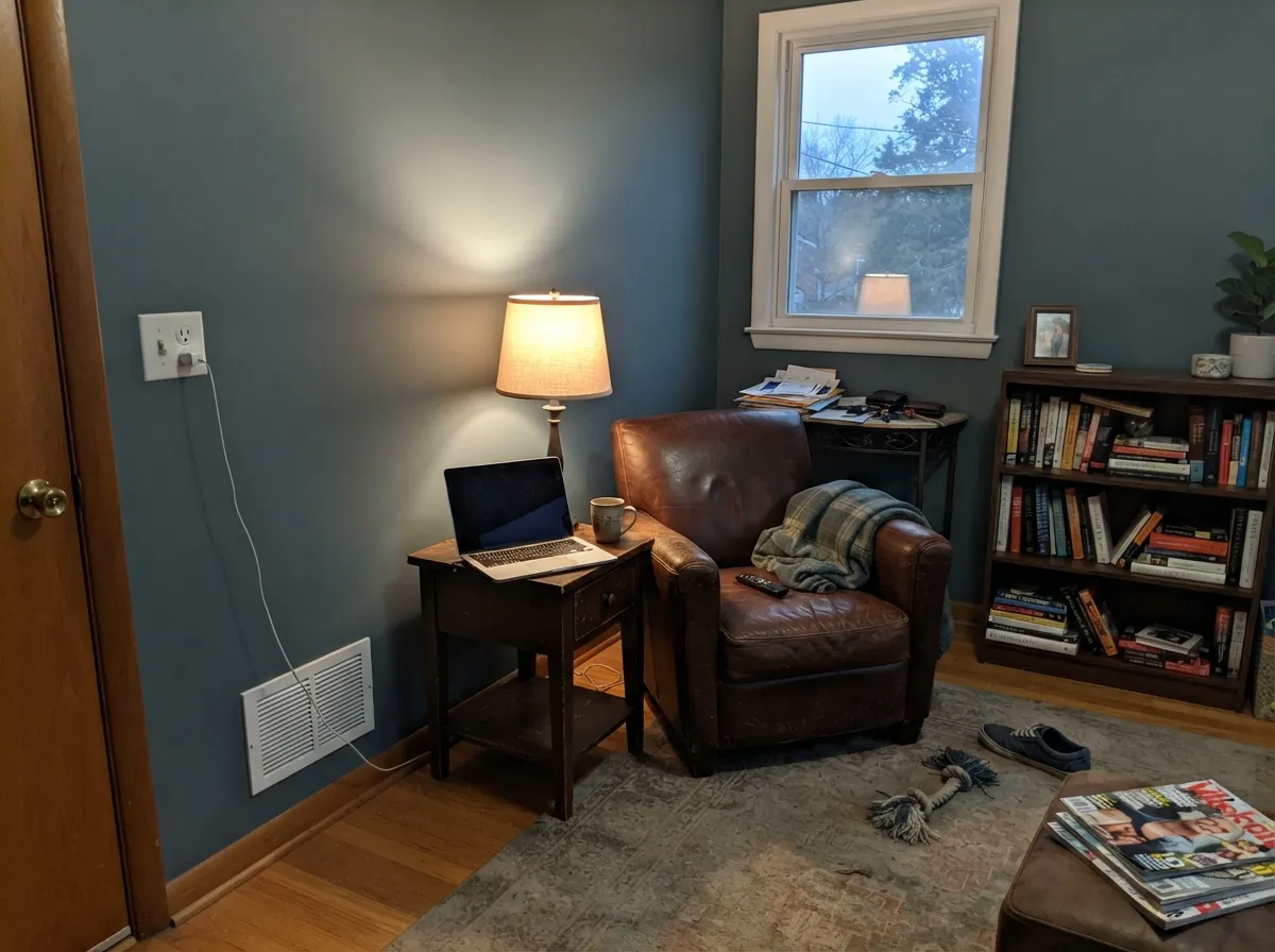 In a lamplit den with walnut shelves and leather, the blue-green reads genuinely handsome, not muddy — this is the light it was built for.