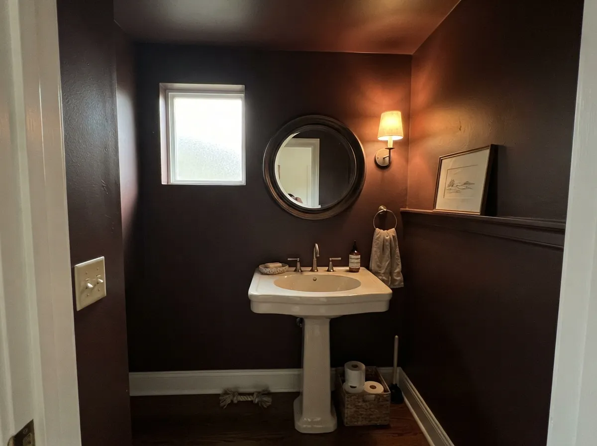 A fully drenched powder room — small enough that the color reads rich and custom instead of like a cave.