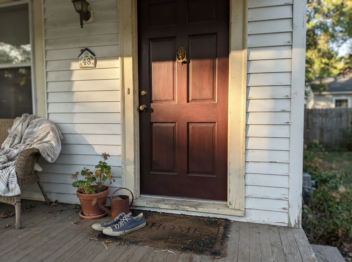 Direct sun on the front door is where the red shows clearly — step it into shade and the same door reads almost black.