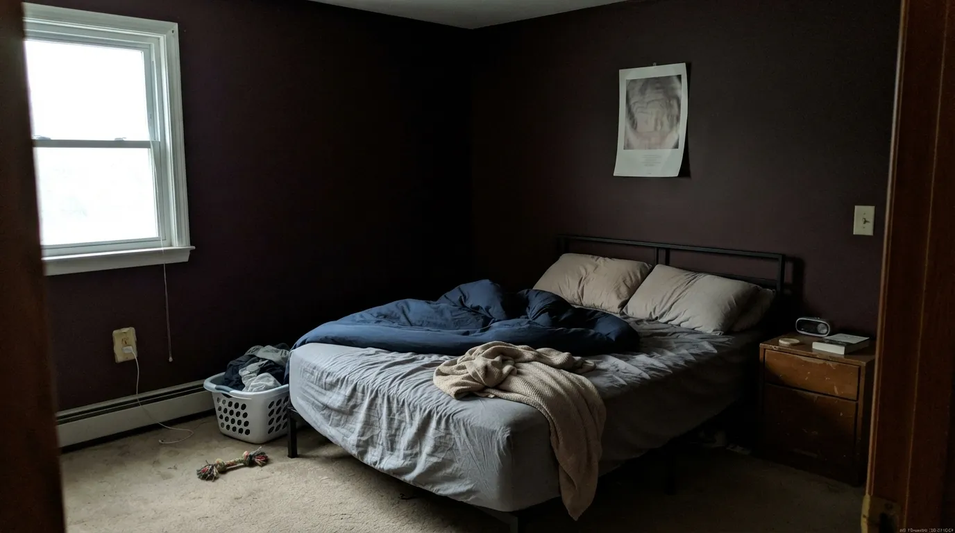 The honest shot: no direct light, no lamps — Bewitched goes flat, plain near-black and the wine underneath disappears. This is the exact room this color is wrong for.