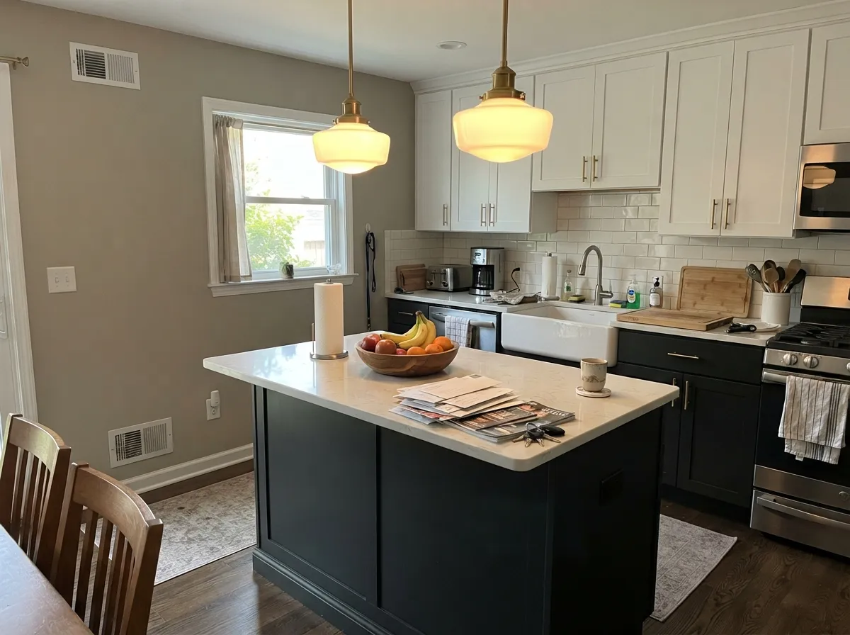 As an island under real light, the warmth keeps it from going cold next to white cabinets — the two-tone kitchen this color was built for.