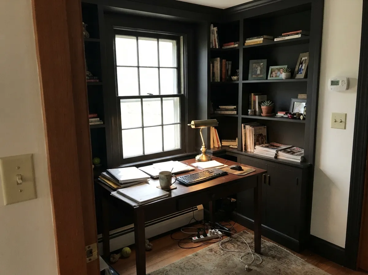 With a real window and a brass lamp, built-ins in Black Beauty read custom and warm, not heavy — this is where it earns the name.