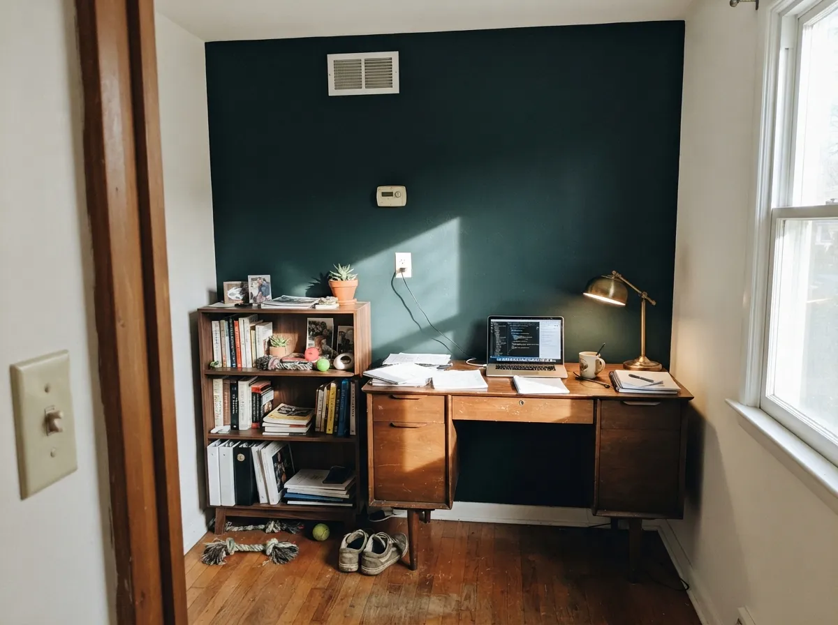 One sunlit wall, warm wood, brass — the accent-wall version of this color at its best.