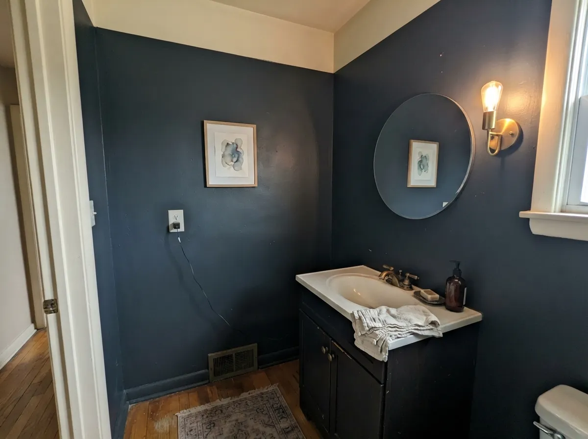 The designer move: a fully drenched powder room with one warm light source keeps the near-black feeling custom, not cave-like.