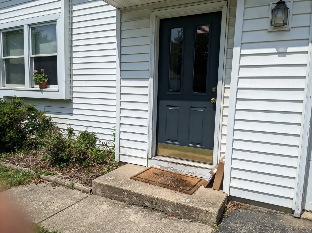 On a white exterior, full sun brings the blue forward more than it does indoors — a crisp, current front door color.