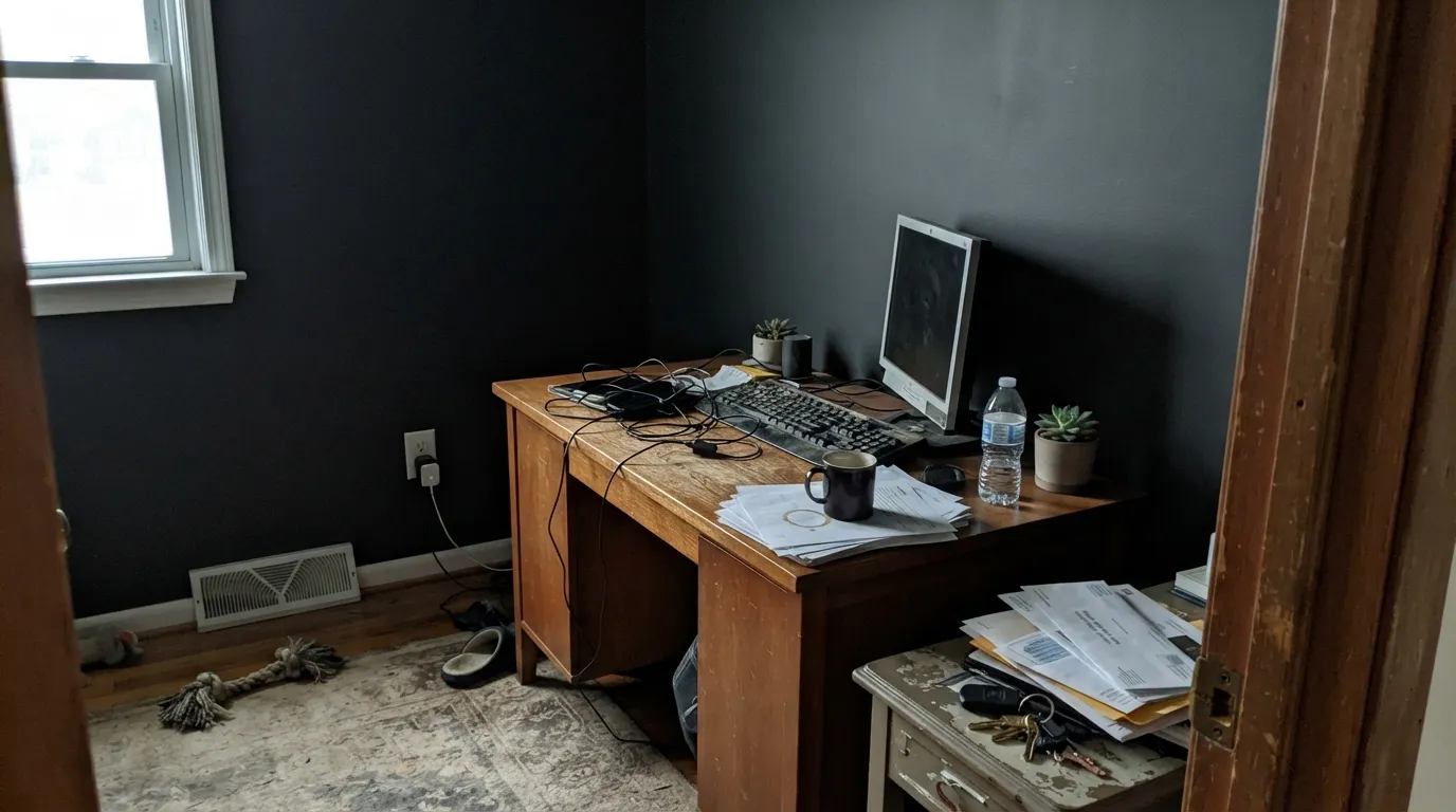 The honest shot: no real light source, no blue — just a flat dark gray. This is the room where Black Knight disappoints.