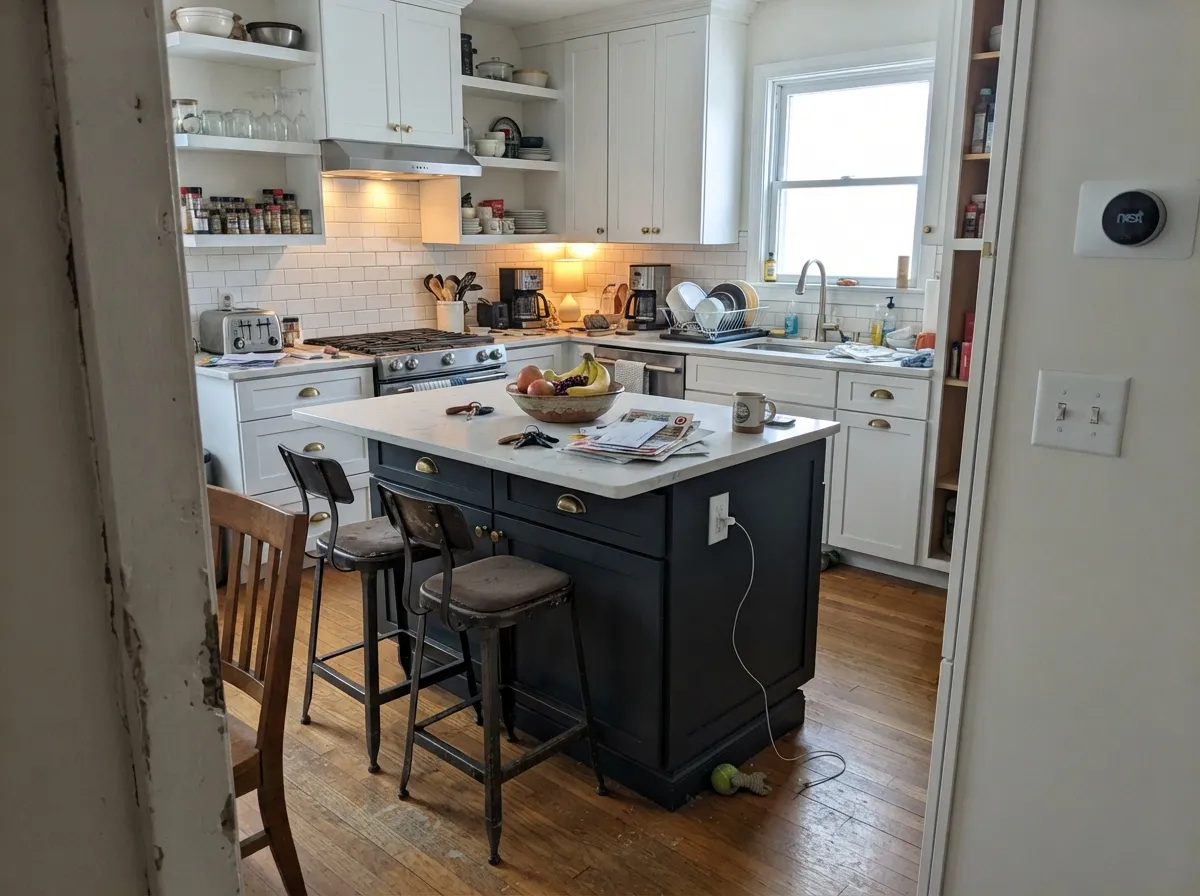 The island move: Black Panther carries the drama in one contained piece, while a lighter perimeter keeps the kitchen open.