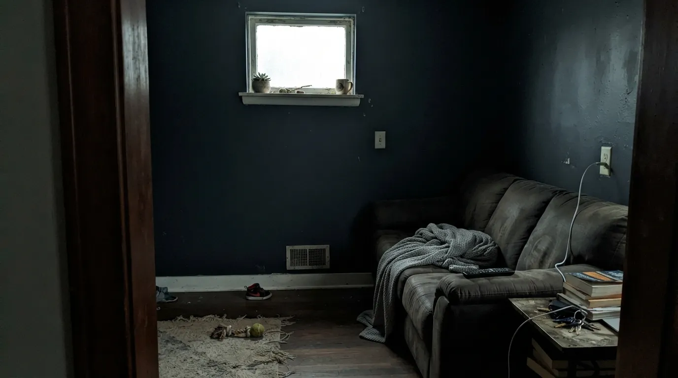 The honest shot: a dim room with a small window and no lamps. At LRV 5 the color absorbs what light there is and goes flat and cave-like — the exact regret behind "painted my whole room black" stories.