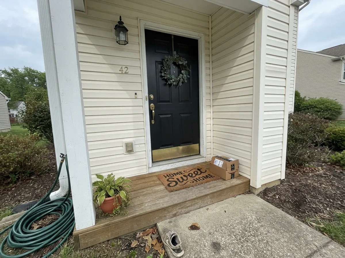 On a front door the neutral black stays black against warm white siding — no green or brown flash, which is exactly where cheaper blacks give themselves away.