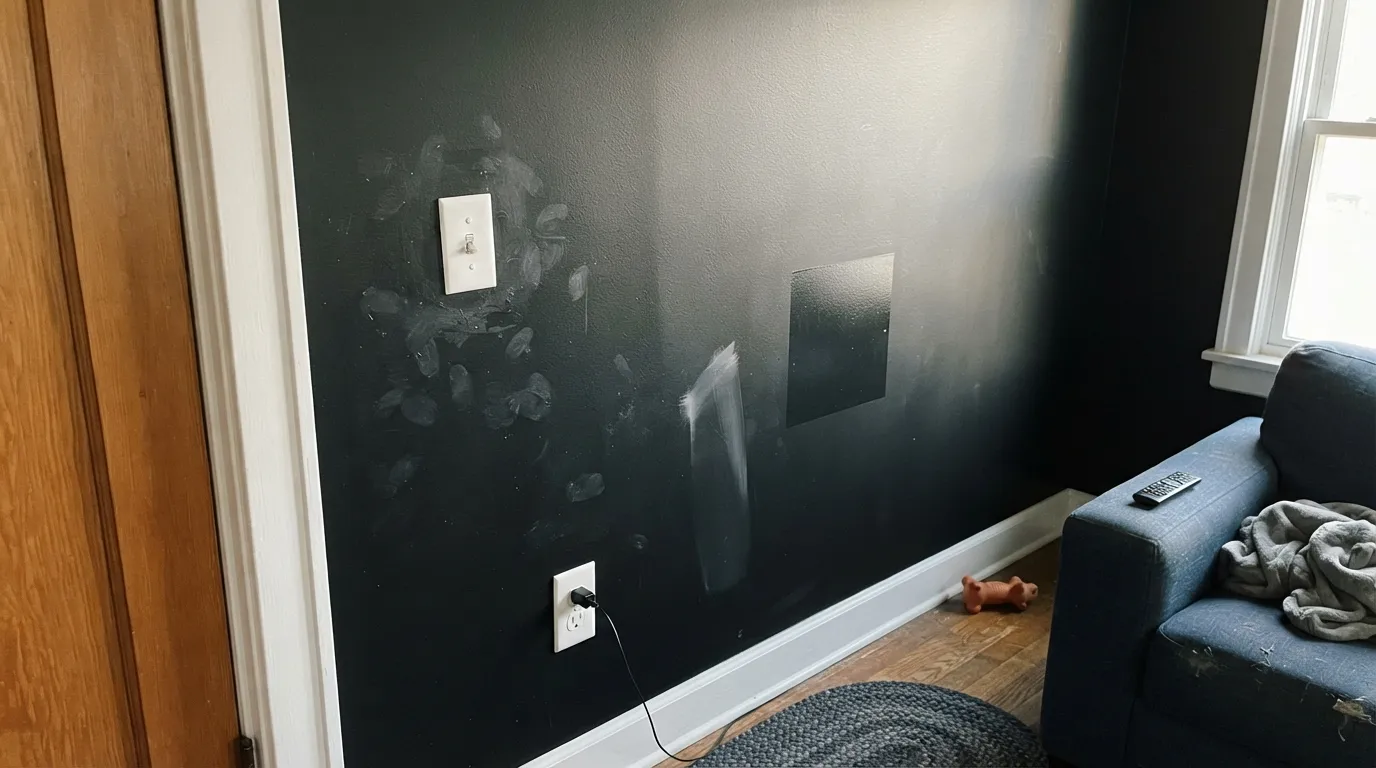 The honest shot: in raking light matte black shows dust, lint, fingerprints and a flashing touch-up patch — the maintenance complaint that fills the owner threads.