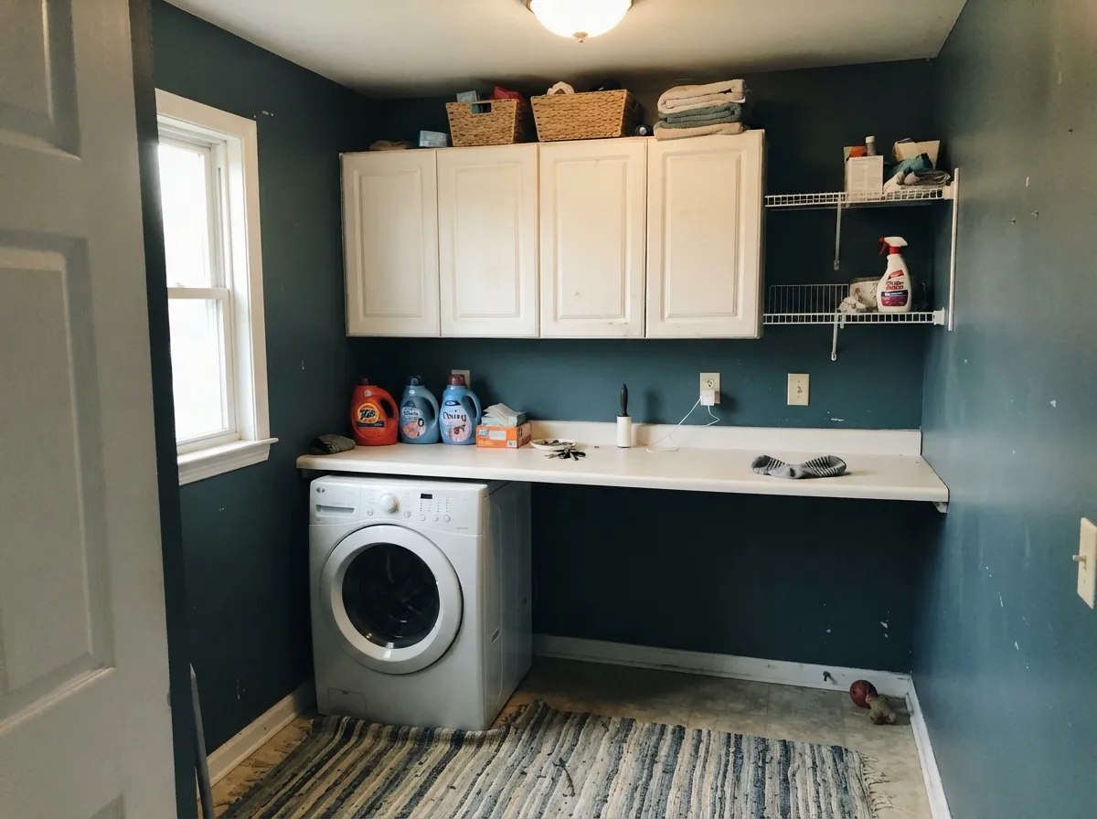 In a laundry room with one real window the blue goes rich and dimensional — crisp Chantilly Lace cabinets are what keep it reading as a color, not a shadow.