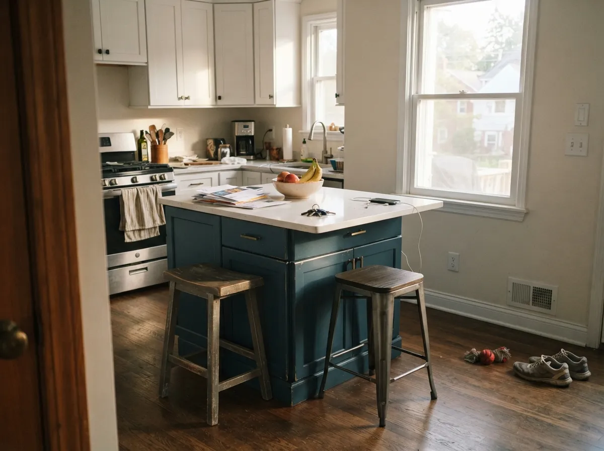 The safest way to use it in a kitchen: one island in satin alkyd under white cabinets, where the green in the blue keeps it from looking like every navy kitchen from 2019.