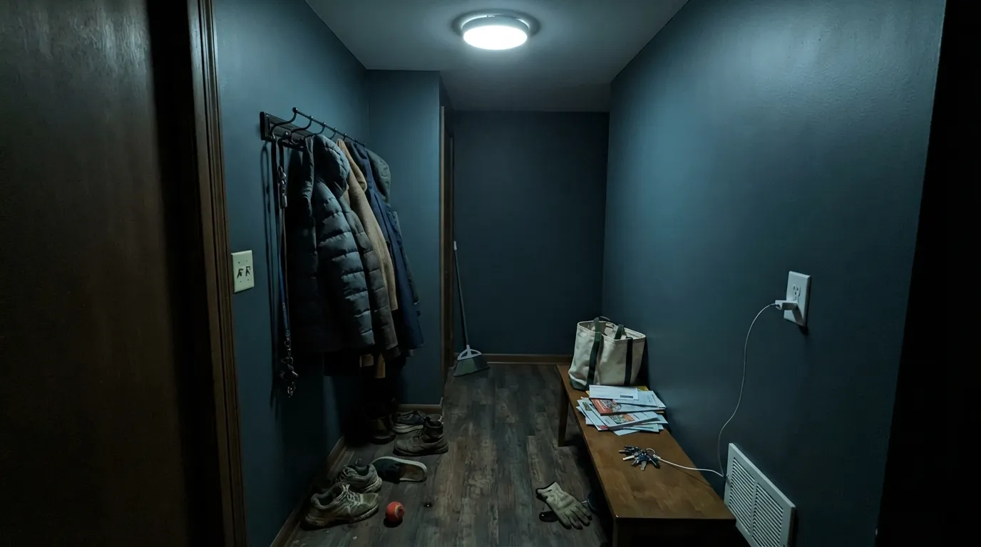 The honest shot: no window and one cold ceiling light, and the blue-green drains out — Blue Danube goes flat dark slate, which is the complaint behind almost every regret about this color.