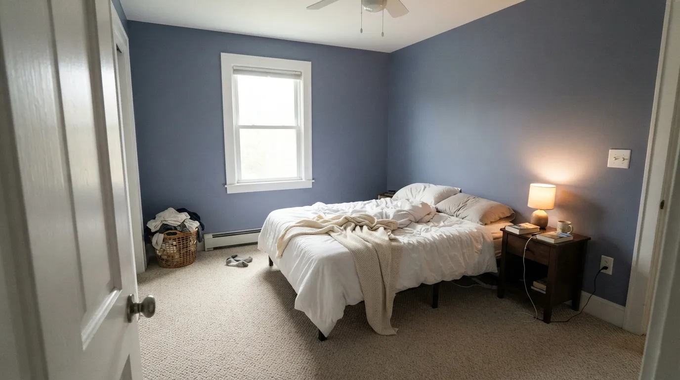 Blue Heather in the room it was built for — daylight and crisp white trim keep it reading a clean, heathered blue, not lilac.