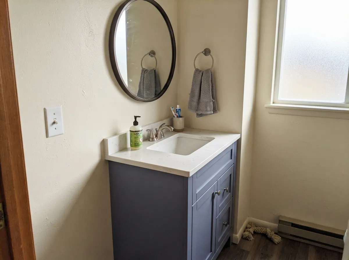 The jewel-box move: one vanity in Blue Heather against cream walls and a near-black mirror frame, and the small room reads styled on purpose.