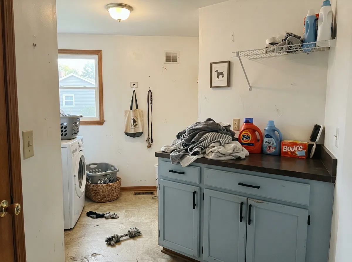 On cabinets the mid-tone blue hides fingerprints a white would broadcast — one of its best small-dose uses.