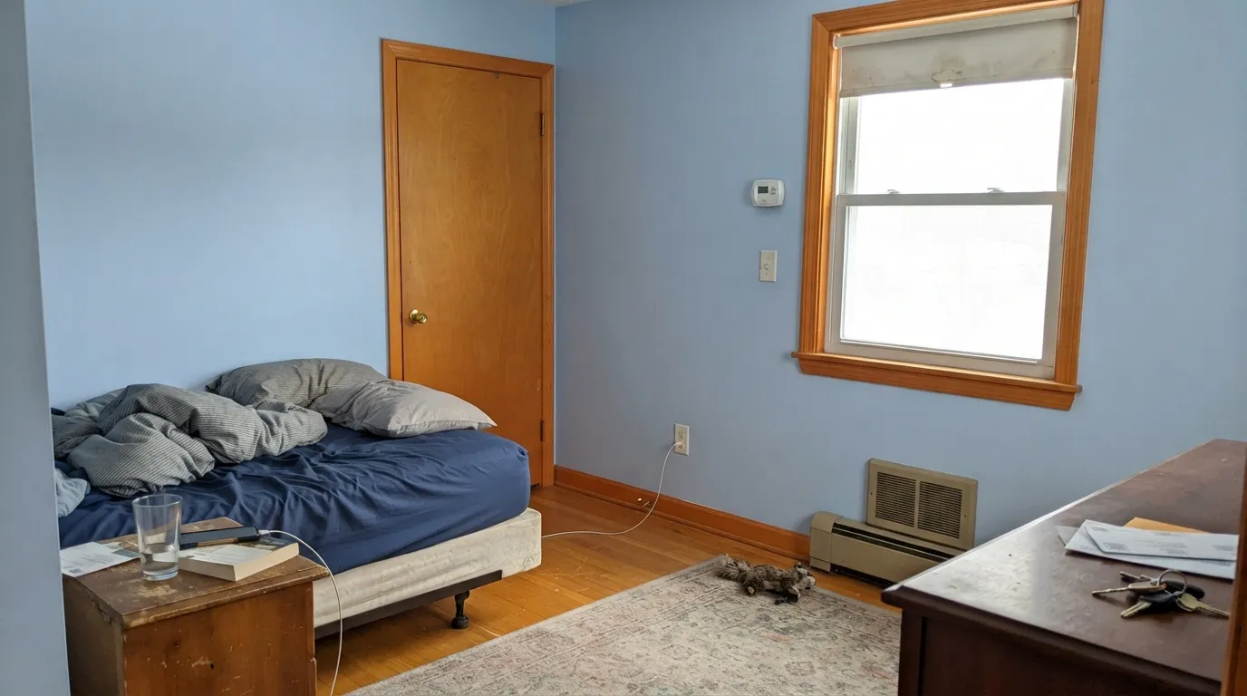 The honest shot: with honey oak trim and floors the blue and the orange wood exaggerate each other — the number-one Blue Hydrangea regret.