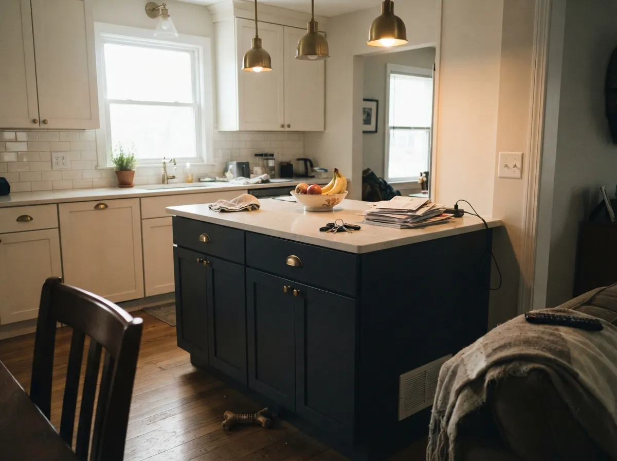 One island in Blue Note against warm white uppers — dark enough to anchor the room, light counters doing the work of keeping it legible.