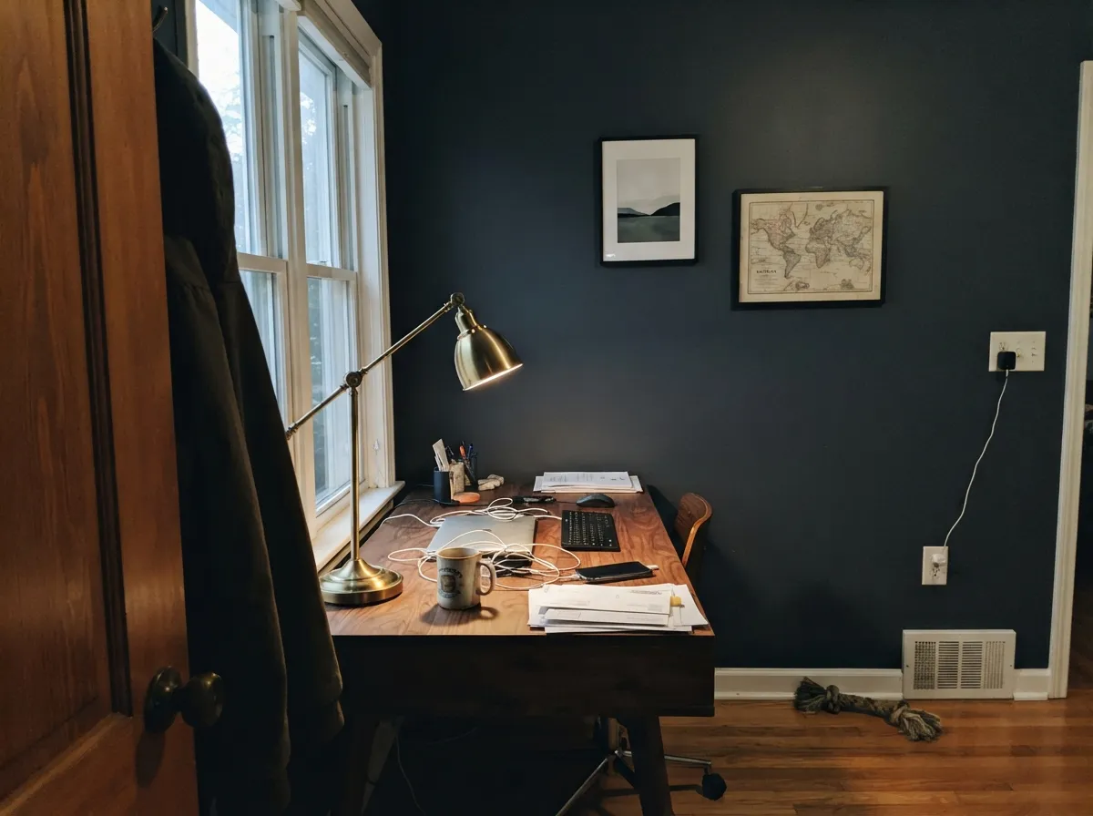 Under a warm lamp the wall reads soft charcoal-navy, not black — walnut and brass are its natural company.