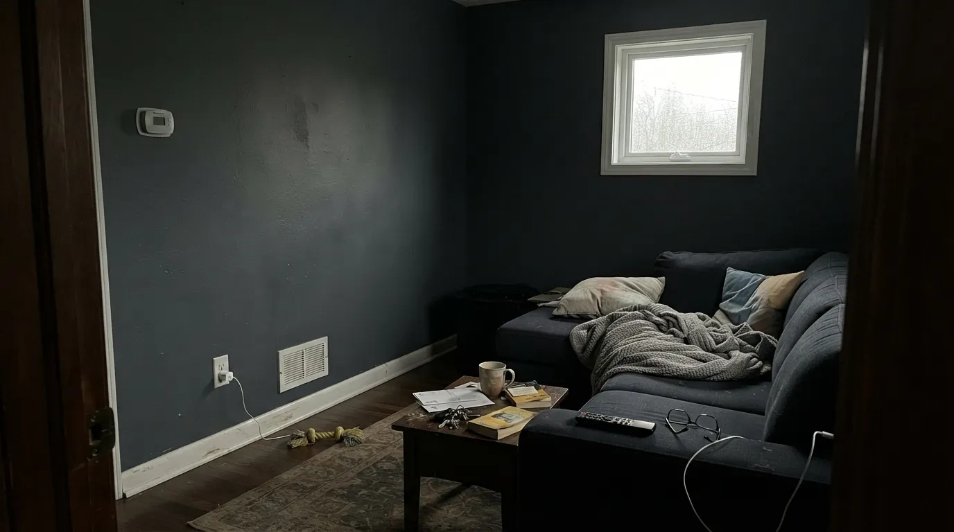 The honest shot: a small dim room with no lamps, and the blue simply isn't there — the number-one regret with this color.