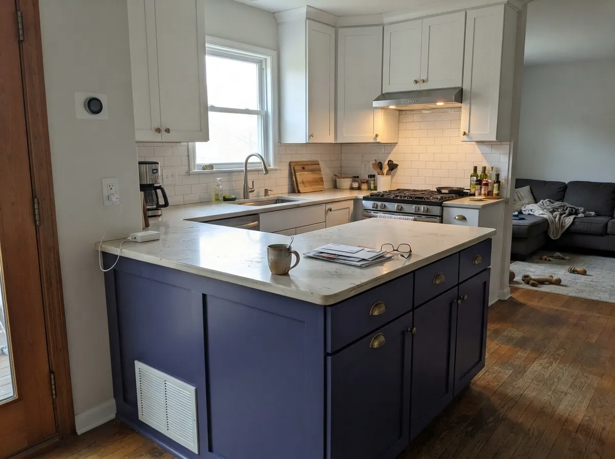 Contained to one island under white perimeter cabinets, the color reads considered instead of overwhelming — its most-recommended kitchen move.