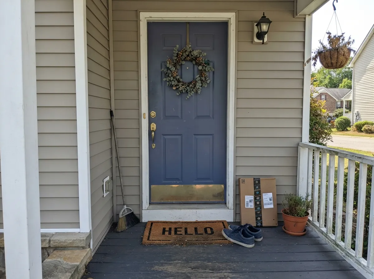 Outside, full daylight keeps the door reading confidently blue rather than violet — one of Blue Nova's best jobs.